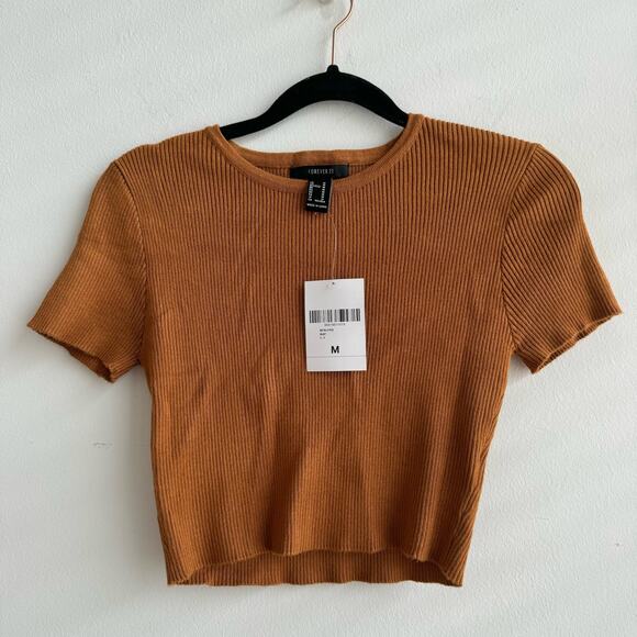 NWT - Forever 21 Mustard Ribbed Short Sleeve Crop Top - Medium - Picture 1 of 6